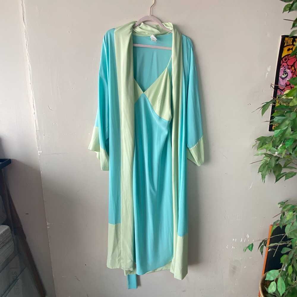 NATORI 2 Piece Set Robe MEDIUM Green/Blue